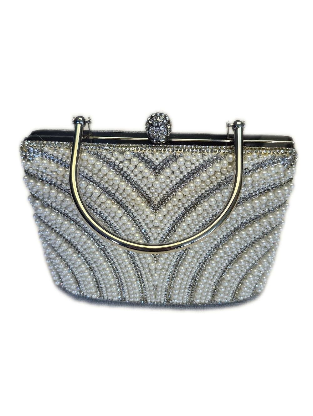 Elegant Beaded Handbag, Approx 8"x5"x3", Faux Silver, Pearls, Rhinestones